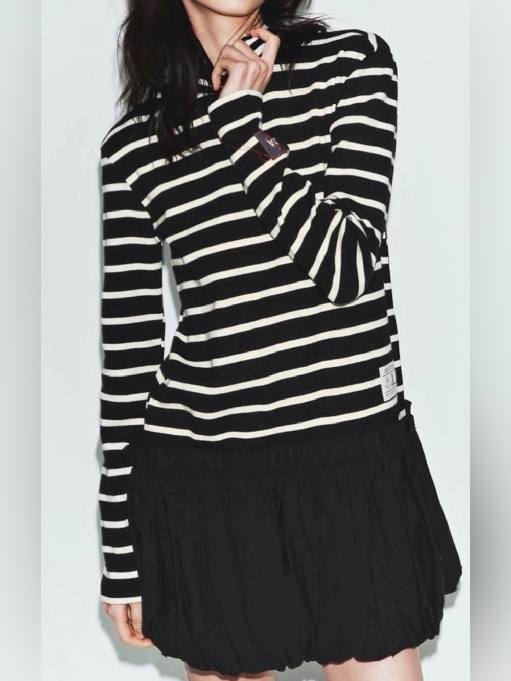 Zara Black and White Striped Long-Sleeve Mini Dress